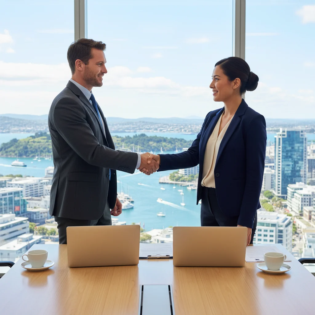 A photorealistic image of two professionals in a modern New Zealand office setting, shaking hands over a conference table with scenic views of Auckland's skyline in the background, symbolizing a successful service agreement without any legal documents visible.
