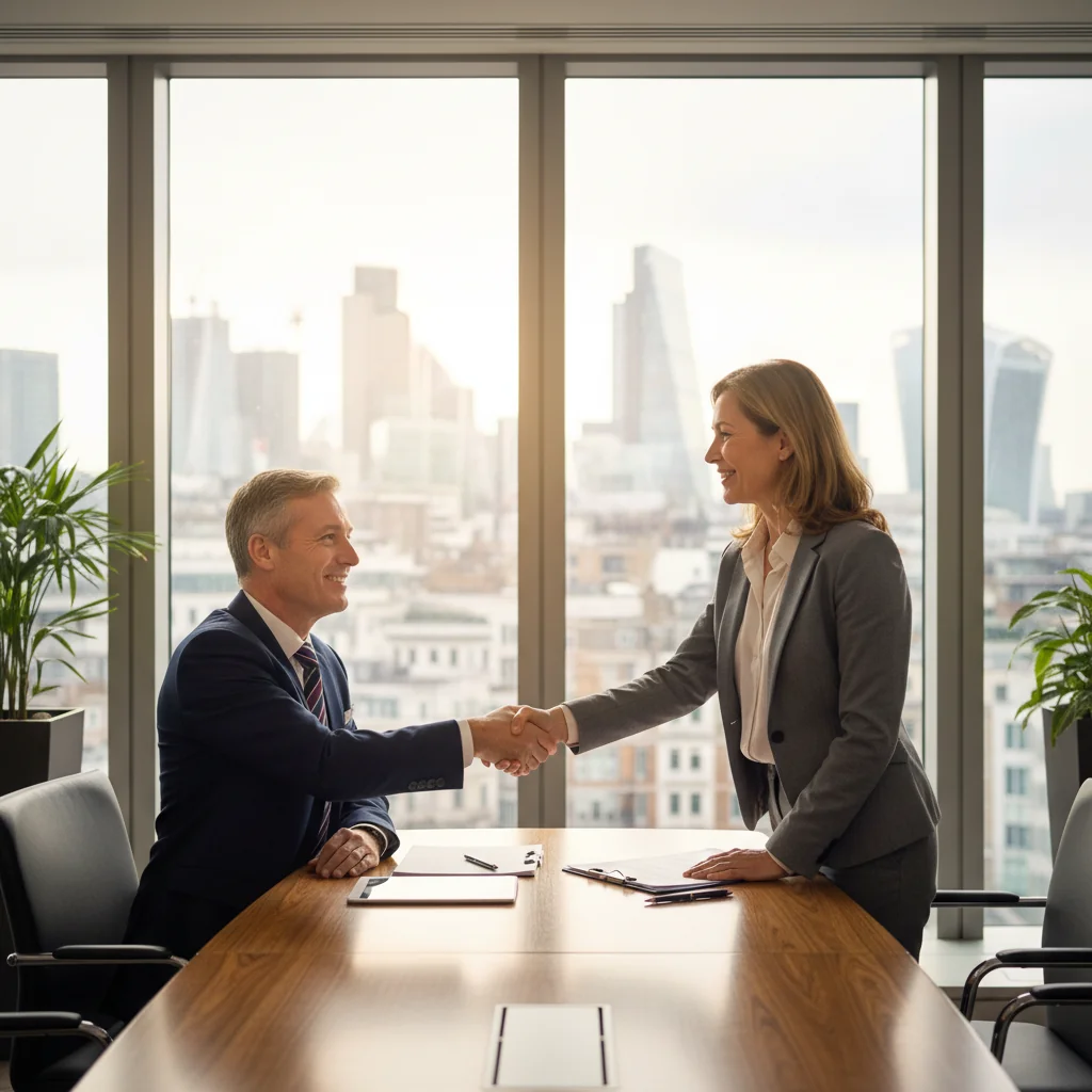 A photorealistic image of two professional adults shaking hands across a conference table in a modern UK office setting, symbolizing the successful negotiation and agreement in a service contract, with no legal documents visible, conveying trust and partnership in business services.