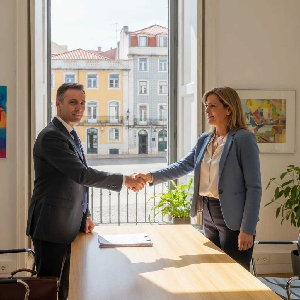 A photorealistic image of two professional adults, a service provider and a client, shaking hands in a modern Portuguese office setting, symbolizing a service provision agreement. The background includes subtle elements of Portuguese culture like a window view of Lisbon architecture, conveying trust and business collaboration. No children are present in the image.
