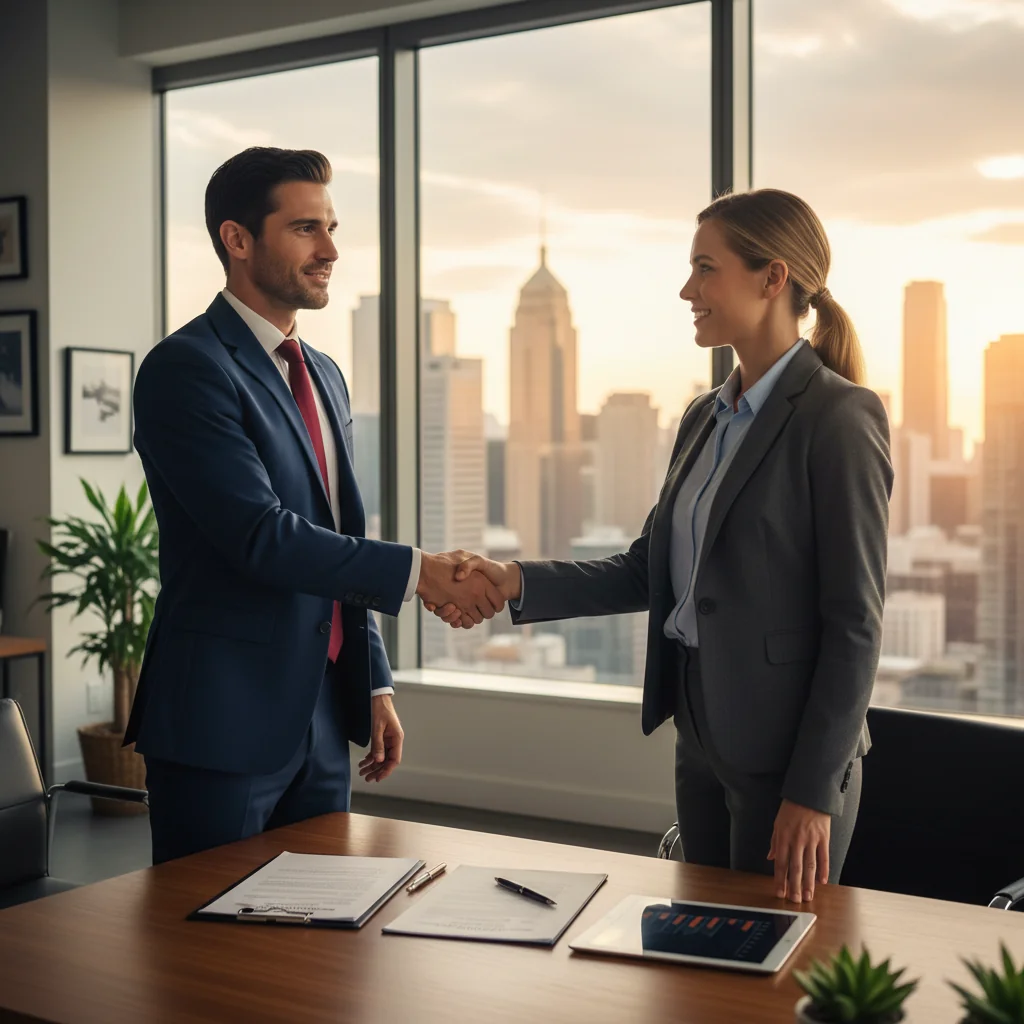 A photorealistic image of two professional adults, a service provider and a client, shaking hands in a modern office setting to symbolize a service contract agreement, with a background of collaborative work environment, no children present.