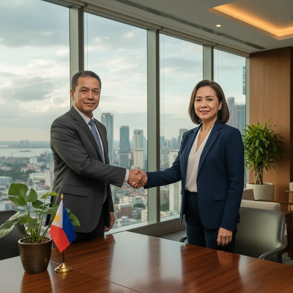 A photorealistic image of two professional adults in a modern Philippine office, shaking hands across a desk during a business meeting, symbolizing the agreement and partnership established by a service contract, with subtle Philippine cultural elements like a flag in the background.