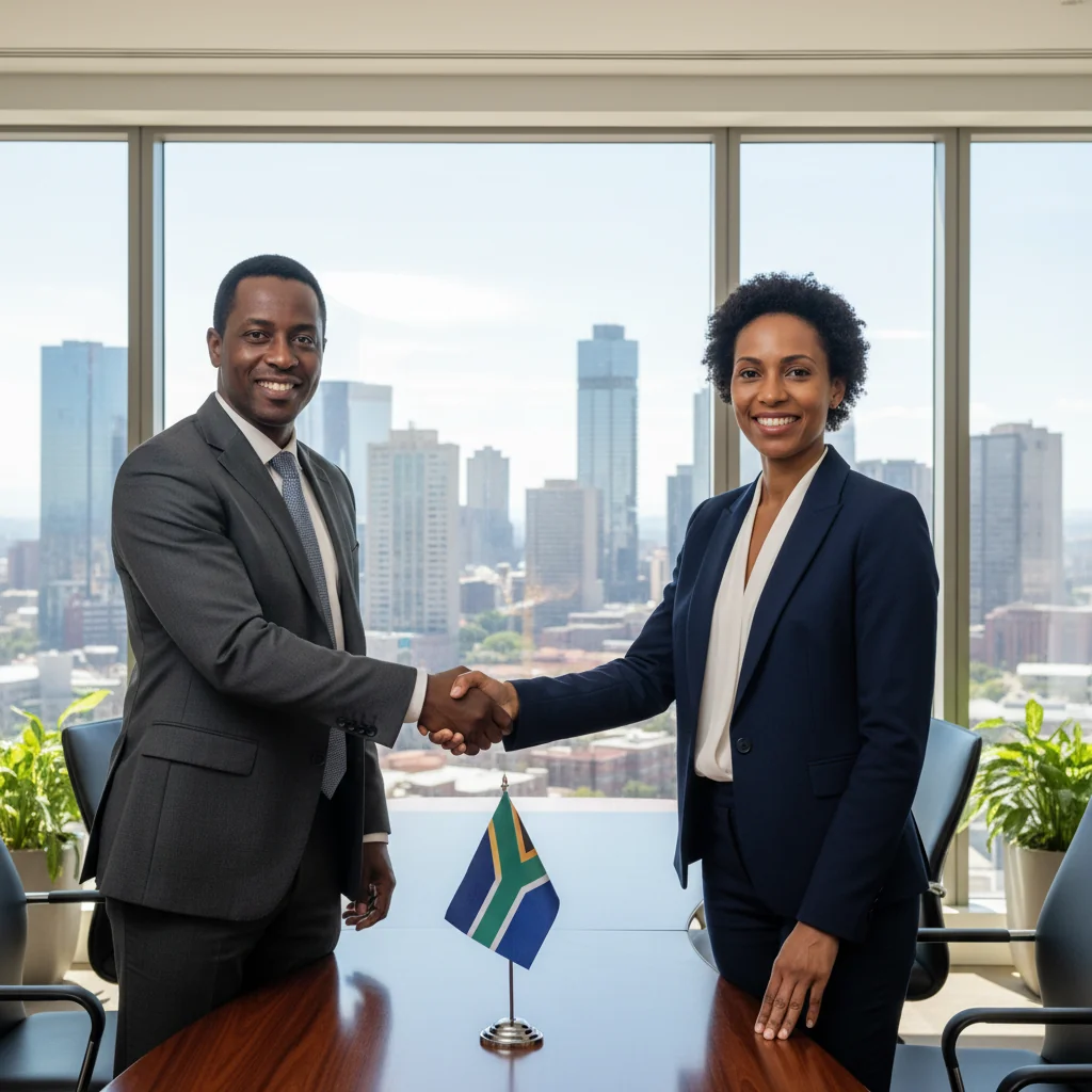 A photorealistic image of two professional adults, a man and a woman in business attire, shaking hands across a modern conference table in a South African office setting, symbolizing the agreement and partnership in service contracts, with subtle South African elements like a flag or skyline in the background, no children present.