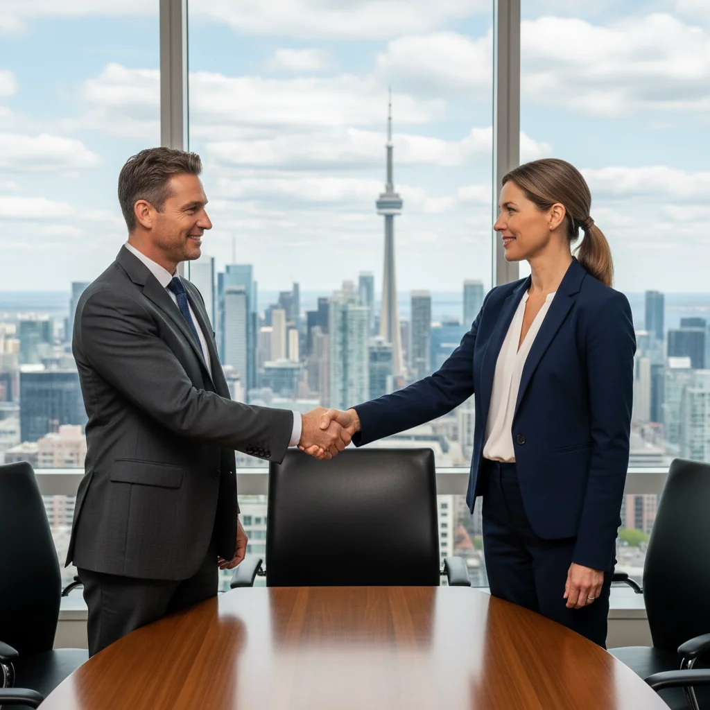 A photorealistic image of two professional adults in a modern Canadian office setting, shaking hands across a conference table to symbolize a successful service agreement, with subtle Canadian elements like a maple leaf in the background, conveying trust and collaboration without showing any legal documents.