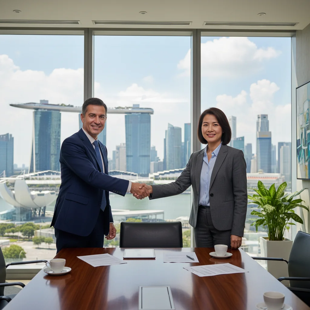 A photorealistic image of two professional adults in a modern Singapore office, shaking hands over a table with a city skyline view in the background, symbolizing a successful business service agreement.