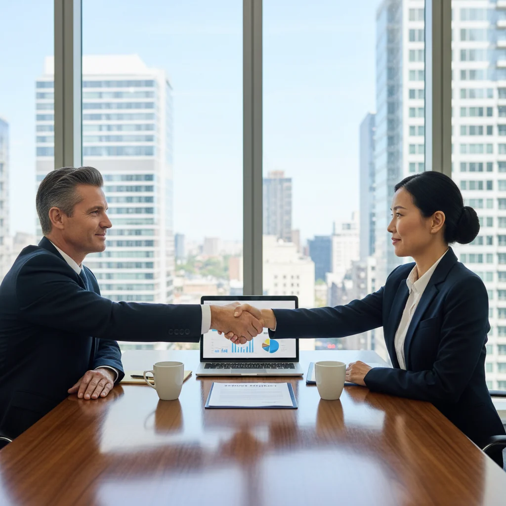 A photorealistic image of two adult professionals in a modern office setting, shaking hands across a conference table to symbolize the agreement and partnership in a US service contract, with subtle business elements like laptops and notepads in the background, conveying trust and collaboration without focusing on any legal documents.