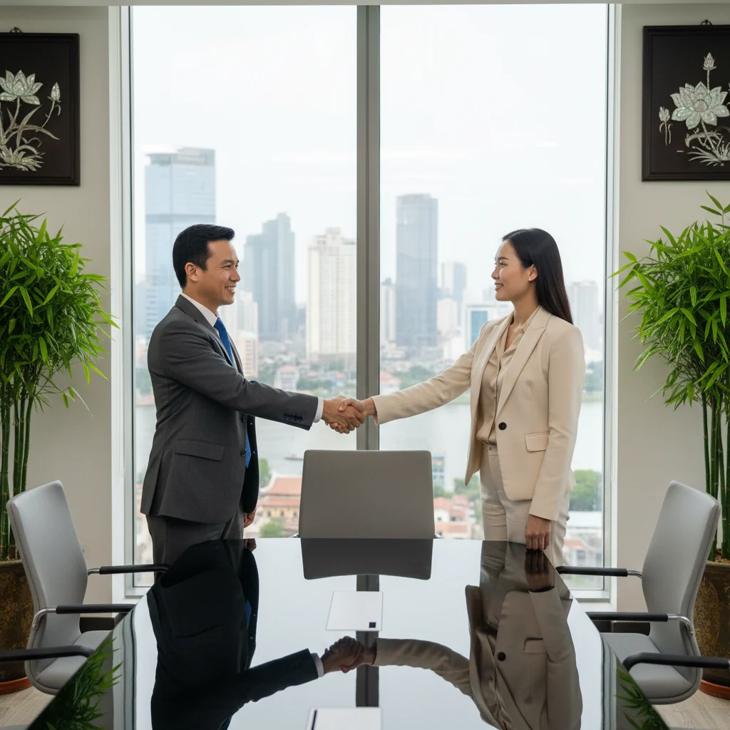 A photorealistic image of two professional businesspeople in a modern Vietnamese office shaking hands over a conference table, symbolizing the agreement and partnership in a service contract. The scene conveys trust, collaboration, and business success in Vietnam, with subtle Vietnamese elements like a city skyline in the background. No children are present.