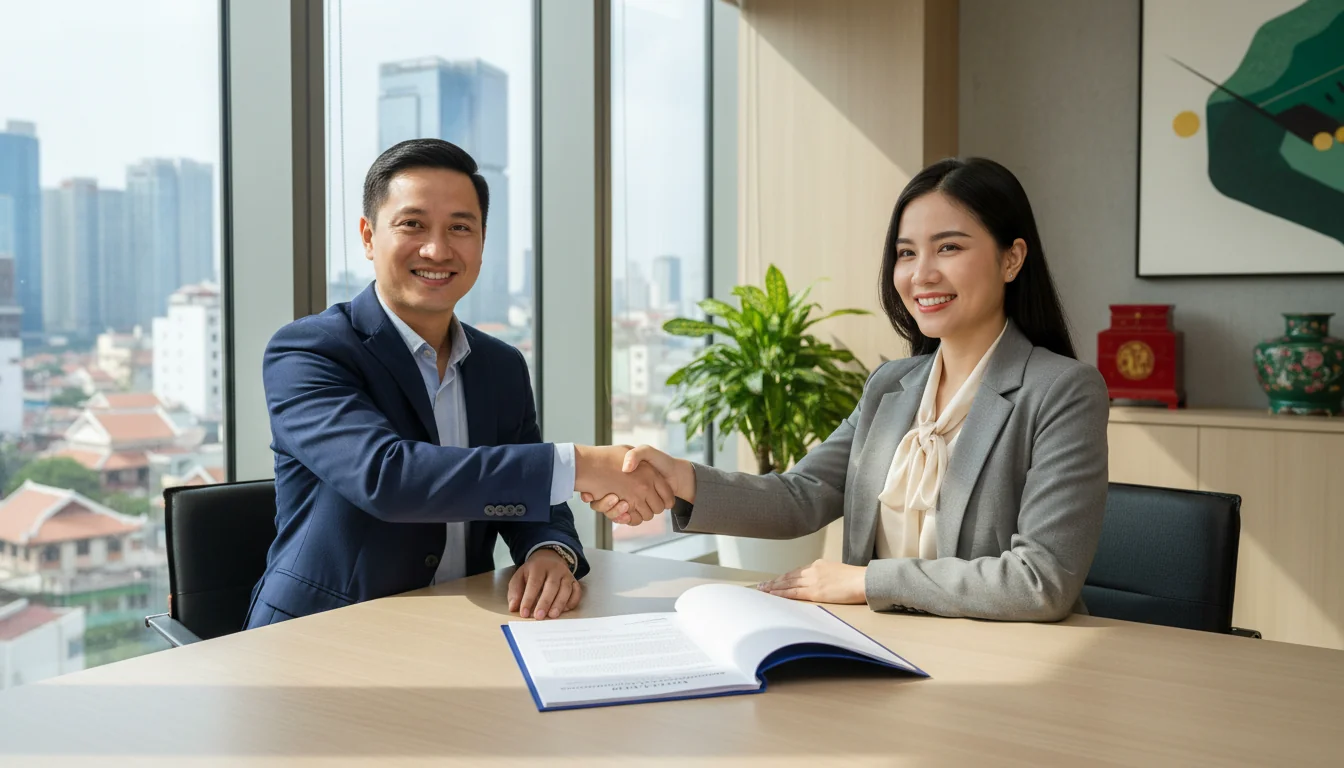 Business professionals signing service contract