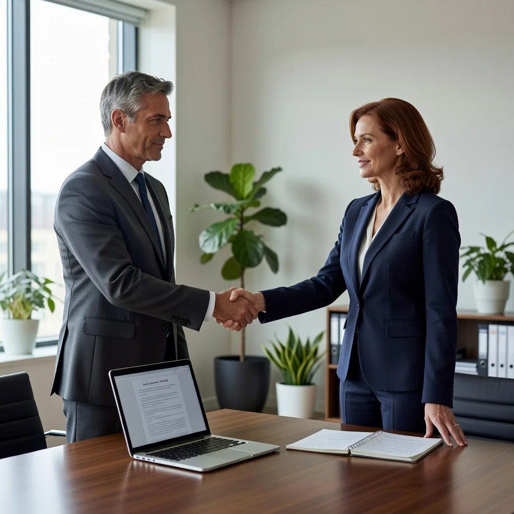 A photorealistic image of two professional adults shaking hands across a meeting table in a modern office, symbolizing a successful service agreement. The scene conveys trust, partnership, and business collaboration, with subtle background elements like a laptop and coffee cups, but no legal documents visible.