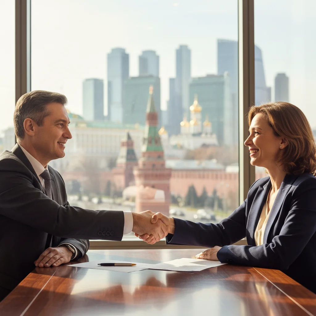 A photorealistic image of two adult professionals in a modern office in Russia, shaking hands over a desk with a subtle Russian cityscape visible through the window, symbolizing a service agreement and business partnership without showing any documents.