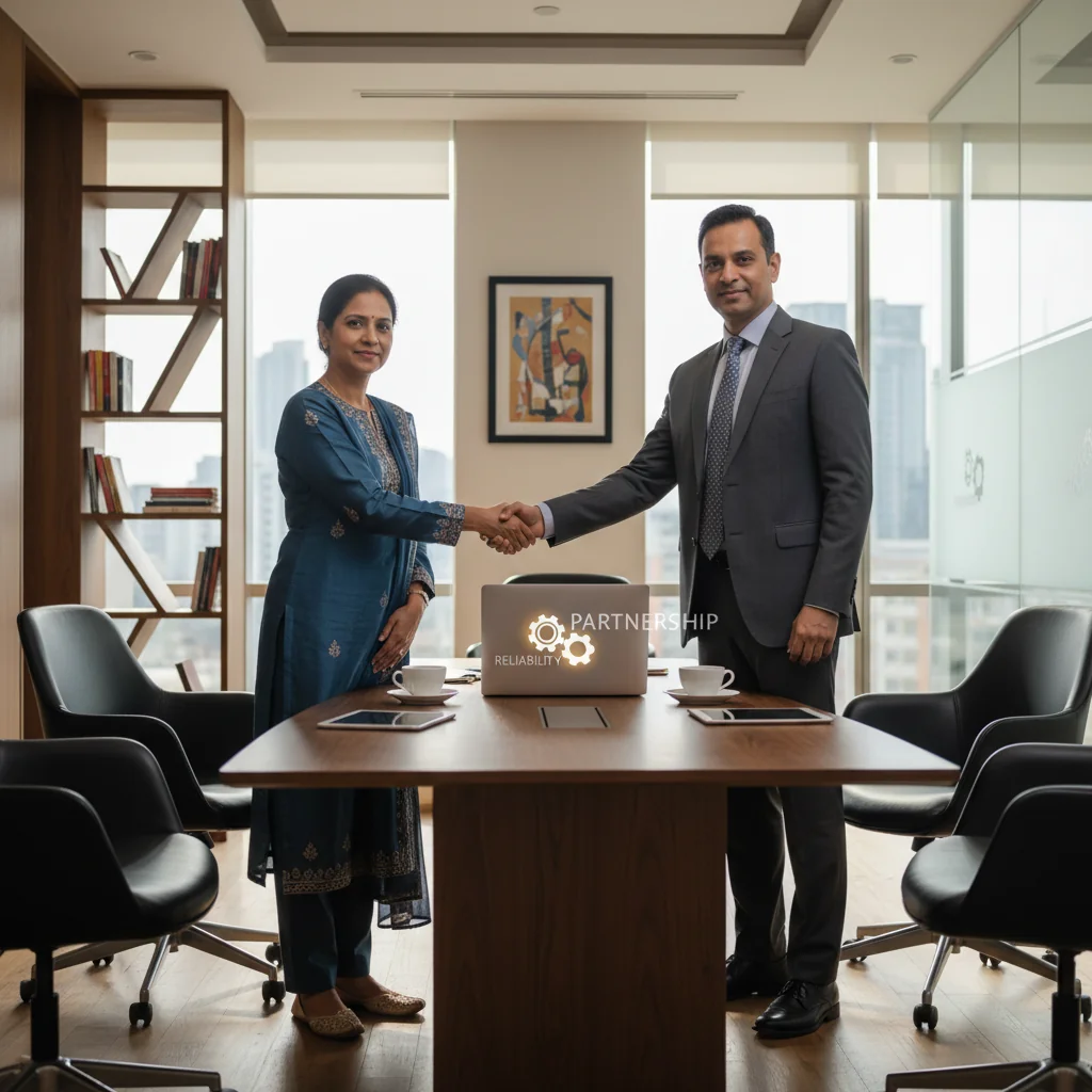 A photorealistic image depicting a professional business meeting in India, where adults are shaking hands over a service agreement, symbolizing trust and partnership in service contracts, with elements of Indian culture like traditional attire or office setting in the background.