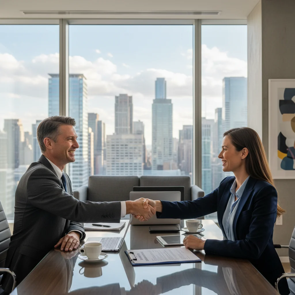 A photorealistic image of two professionals in a modern office shaking hands over a service agreement, symbolizing the establishment of a business partnership and trust in service contracts. The focus is on the positive business interaction, with no legal documents visible.