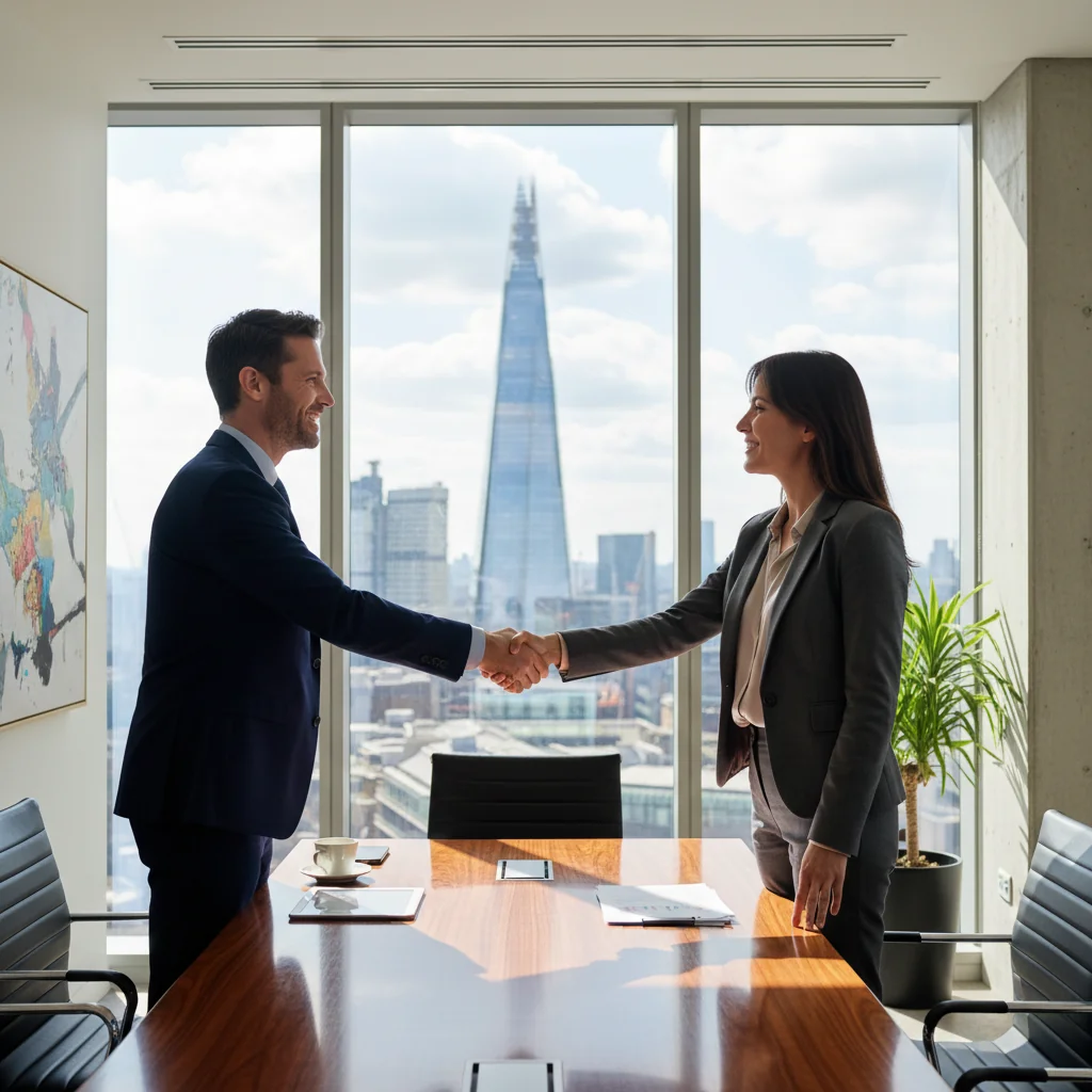 A photorealistic image depicting two professionals in a modern UK office setting, shaking hands over a conference table to symbolize agreement and partnership in service contracts, conveying trust and collaboration without showing any legal documents.