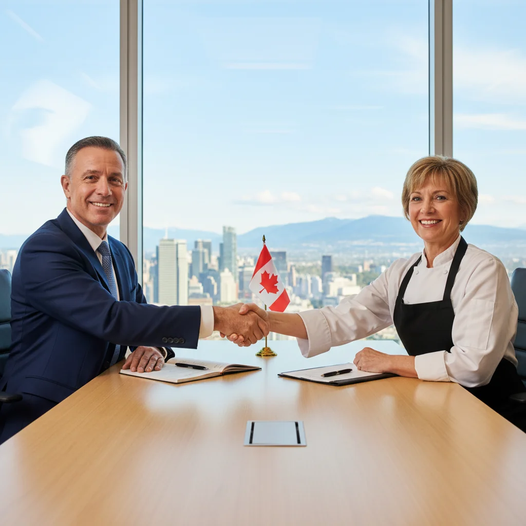 A photorealistic image of two professional adults, a business owner and a service provider, shaking hands in a modern Canadian office setting with subtle Canadian flag elements in the background, symbolizing a service agreement partnership. The scene conveys trust, collaboration, and professionalism without showing any documents.
