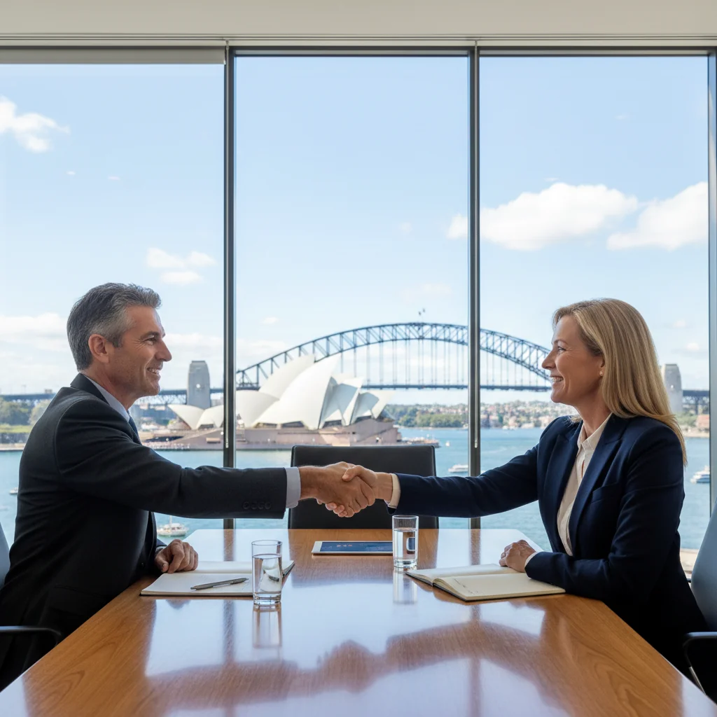 A photorealistic image of two professional adults in a modern Australian office setting, shaking hands across a conference table with a scenic view of the Sydney Opera House in the background through large windows, symbolizing successful business agreements and partnerships without focusing on any documents.