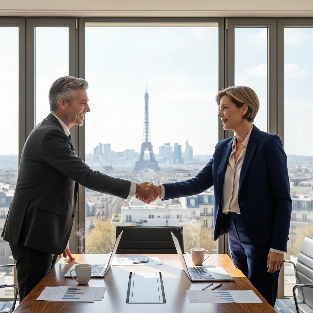 A photorealistic image of two professional adults in a modern French office setting, shaking hands over a conference table to symbolize a service agreement, with subtle French elements like a Eiffel Tower view in the background. No children present.