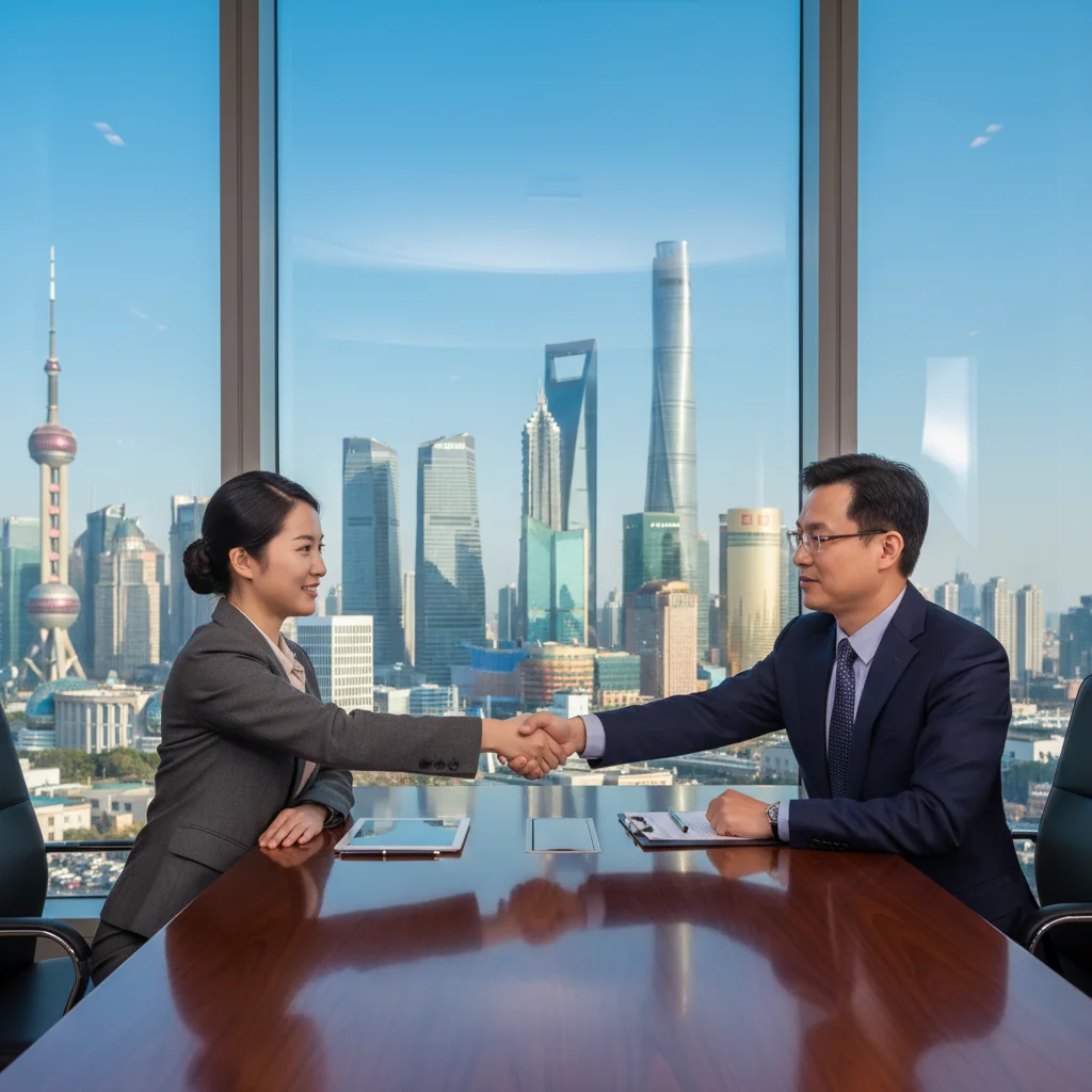 A photorealistic image of two professional adults, a Chinese businesswoman and a businessman, shaking hands across a modern conference table in a sleek Shanghai office, symbolizing agreement and partnership in a service contract, with city skyline view through large windows, no children or legal documents visible.