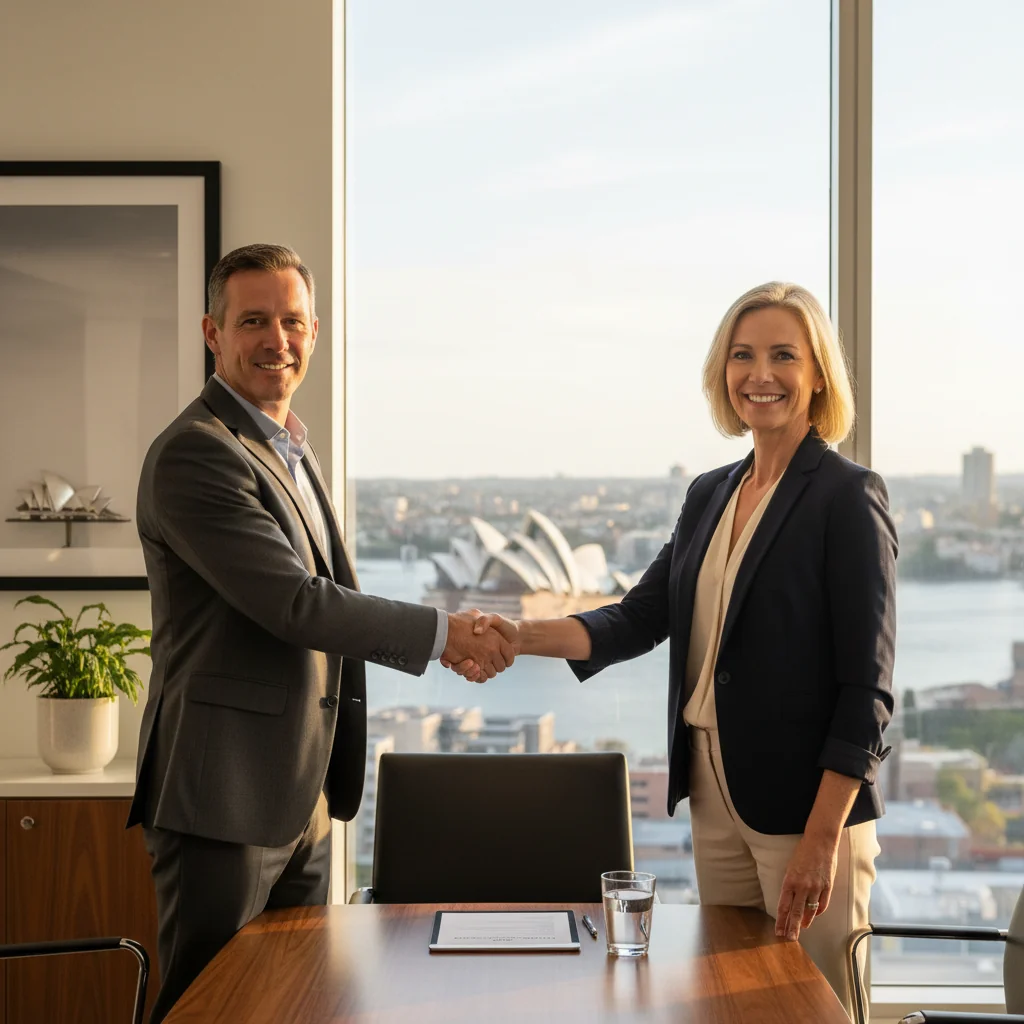 A photorealistic image of two professional adults in a modern Australian office, shaking hands over a conference table to symbolize a successful service agreement, with Australian city skyline visible through the window, conveying trust and business partnership.