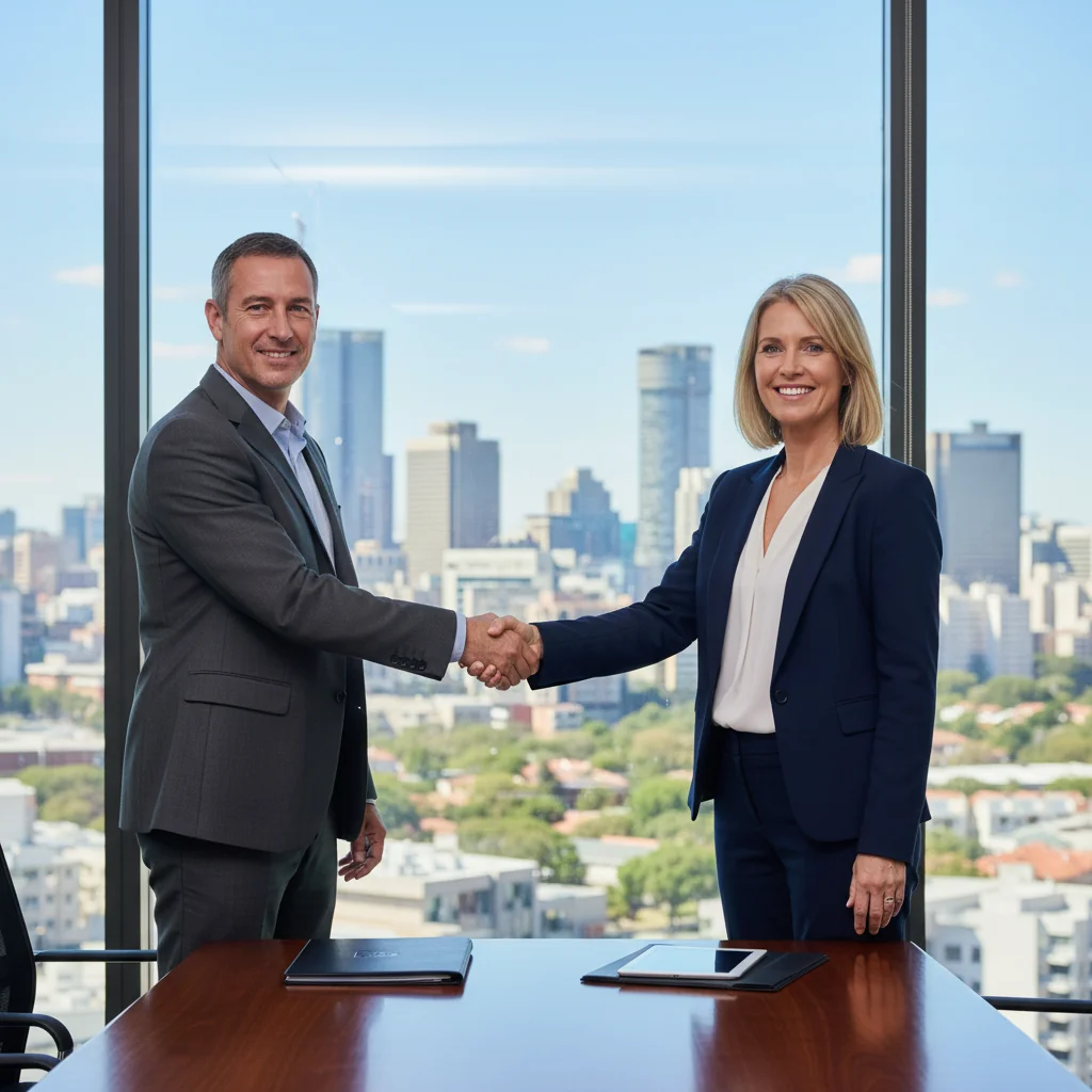 A photorealistic image of two professional adults in a modern South African office setting, shaking hands over a conference table with subtle South African landscape visible through the window, symbolizing a successful business agreement and partnership.