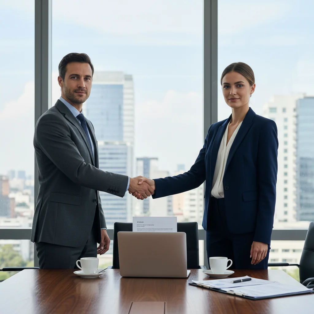A professional business meeting between two adults discussing a service agreement, symbolizing the importance of key clauses in a service contract. The scene shows a handshake over a table in a modern office, conveying trust and collaboration in business services.