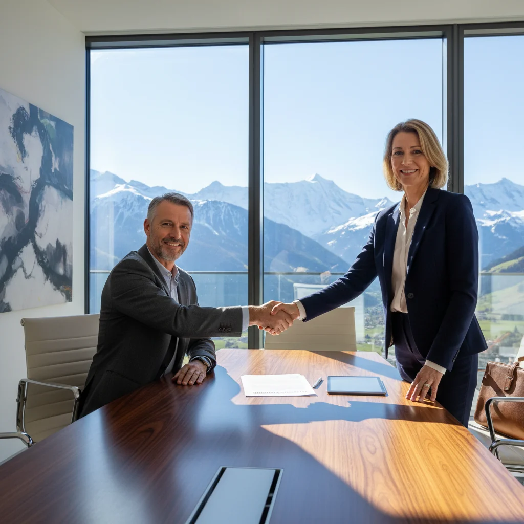 A professional business meeting in a modern Swiss office, with adults discussing service agreements around a conference table, evoking trust and collaboration in service contracts.