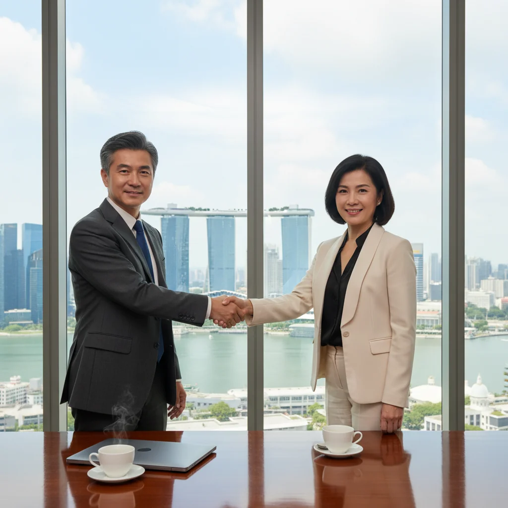 A photorealistic image of two professional adults in a modern Singapore office shaking hands over a service agreement, symbolizing a successful business partnership, with the Singapore skyline visible through the window in the background.