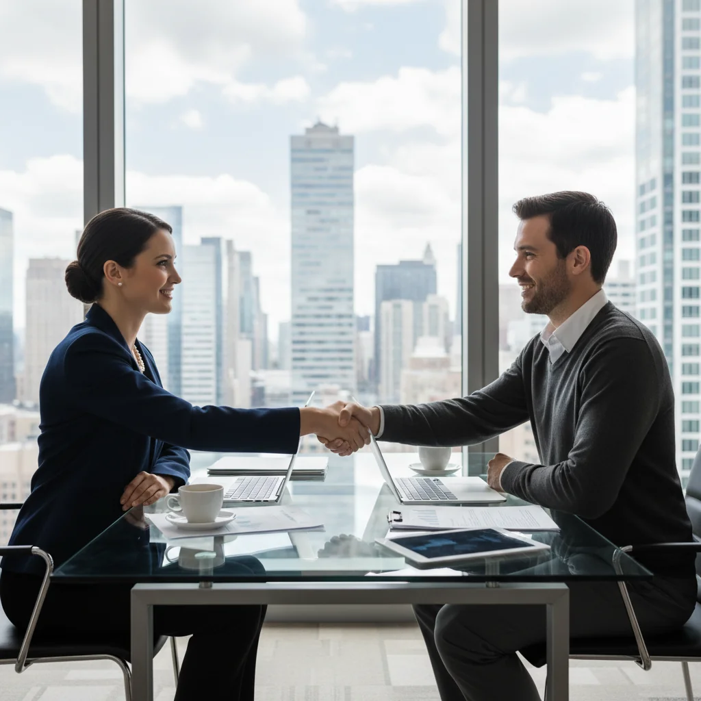 A photorealistic image of a professional business meeting between two adults, one a service provider and the other a client, shaking hands across a desk in a modern office, symbolizing the agreement and trust in a service contract, with no legal documents visible, no children present.