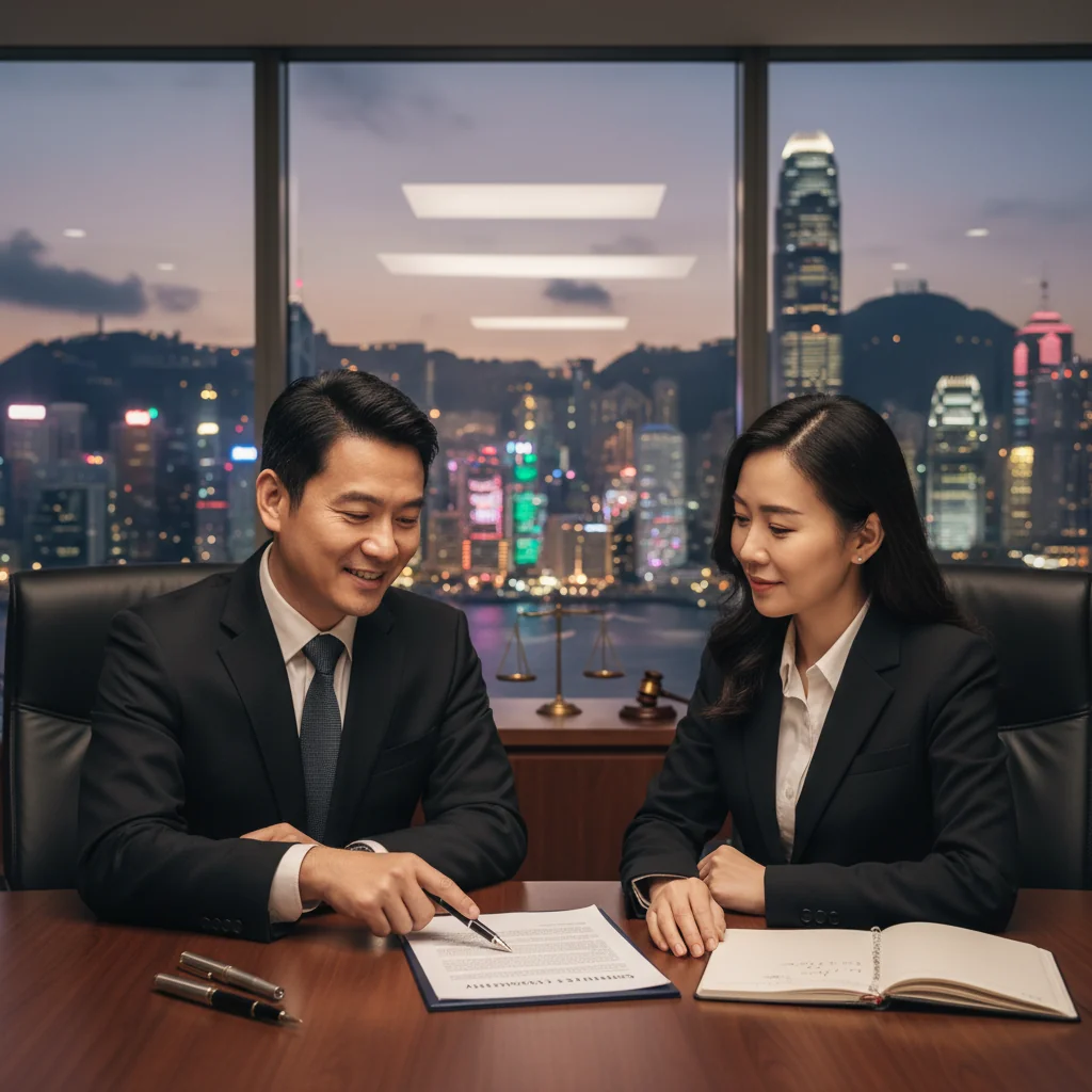A photorealistic image of two professionals in a modern Hong Kong office, shaking hands over a service agreement on a desk with the city skyline visible through the window, symbolizing resolution of disputes in service contracts.