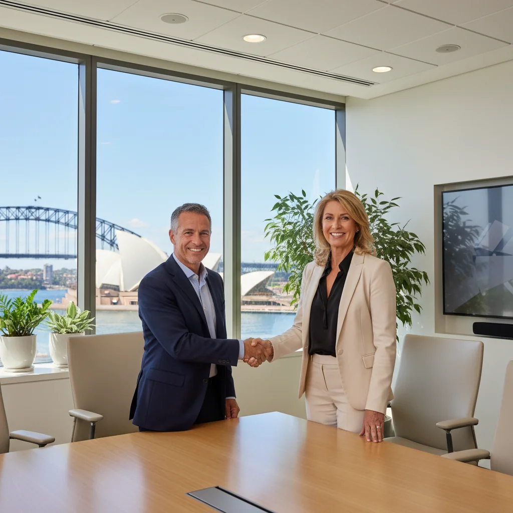 A photorealistic image of two professional adults in a modern Australian office setting, shaking hands over a table during a business meeting, symbolizing the formation of a service agreement. The scene conveys trust, collaboration, and professionalism, with Australian elements like a window view of Sydney Harbour in the background. No children or legal documents are visible.