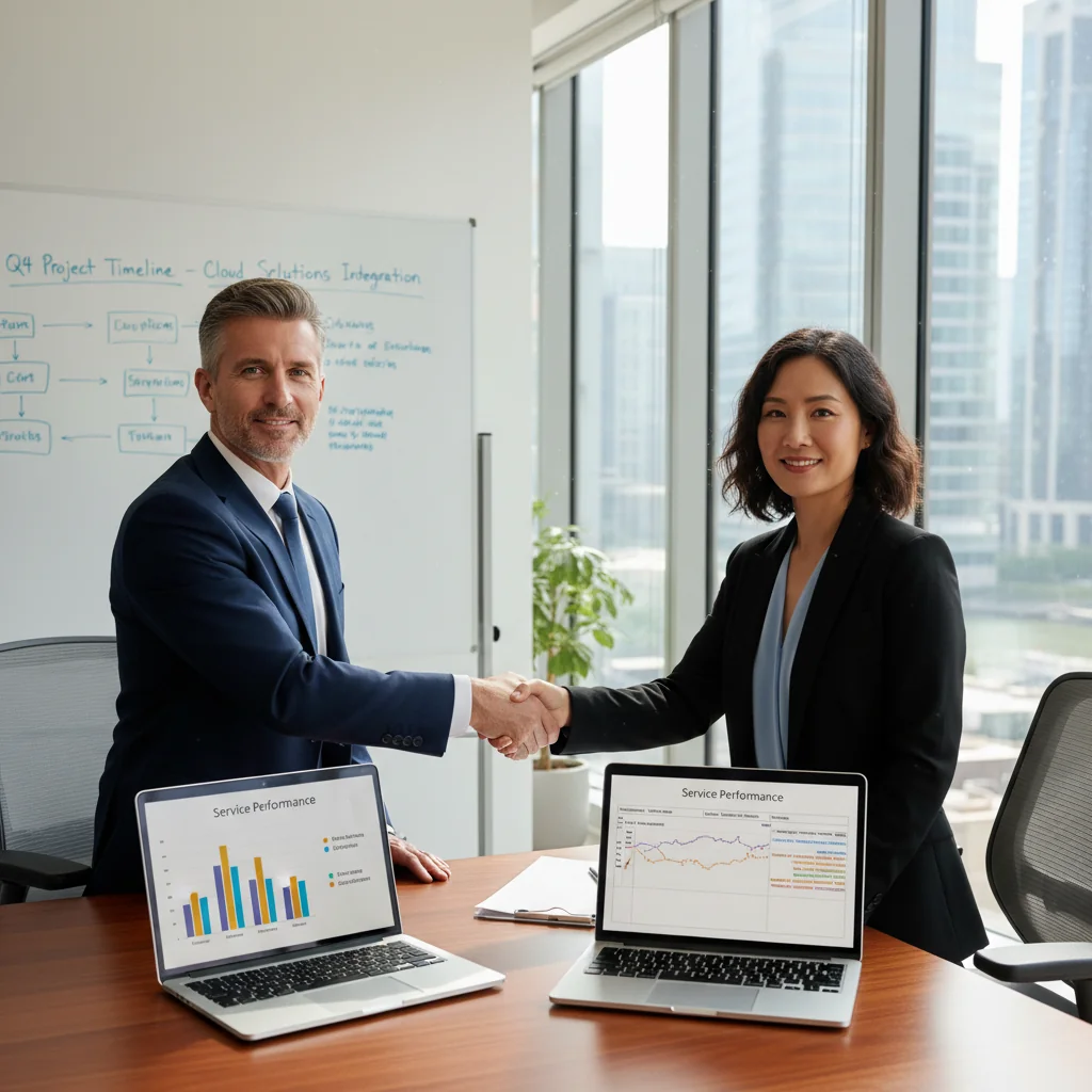 A photorealistic image depicting two adult professionals in a modern office setting, shaking hands across a desk to symbolize a service agreement, with subtle background elements like laptops and charts representing business services, conveying trust and legal obligations in a contract.
