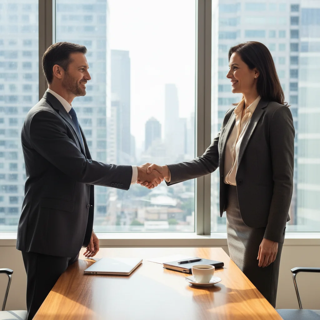 A photorealistic image of two professional adults in a modern office setting, shaking hands across a desk to symbolize a service agreement, with subtle business elements like a laptop and coffee mugs in the background, conveying trust and collaboration in service provision. No children or legal documents visible.