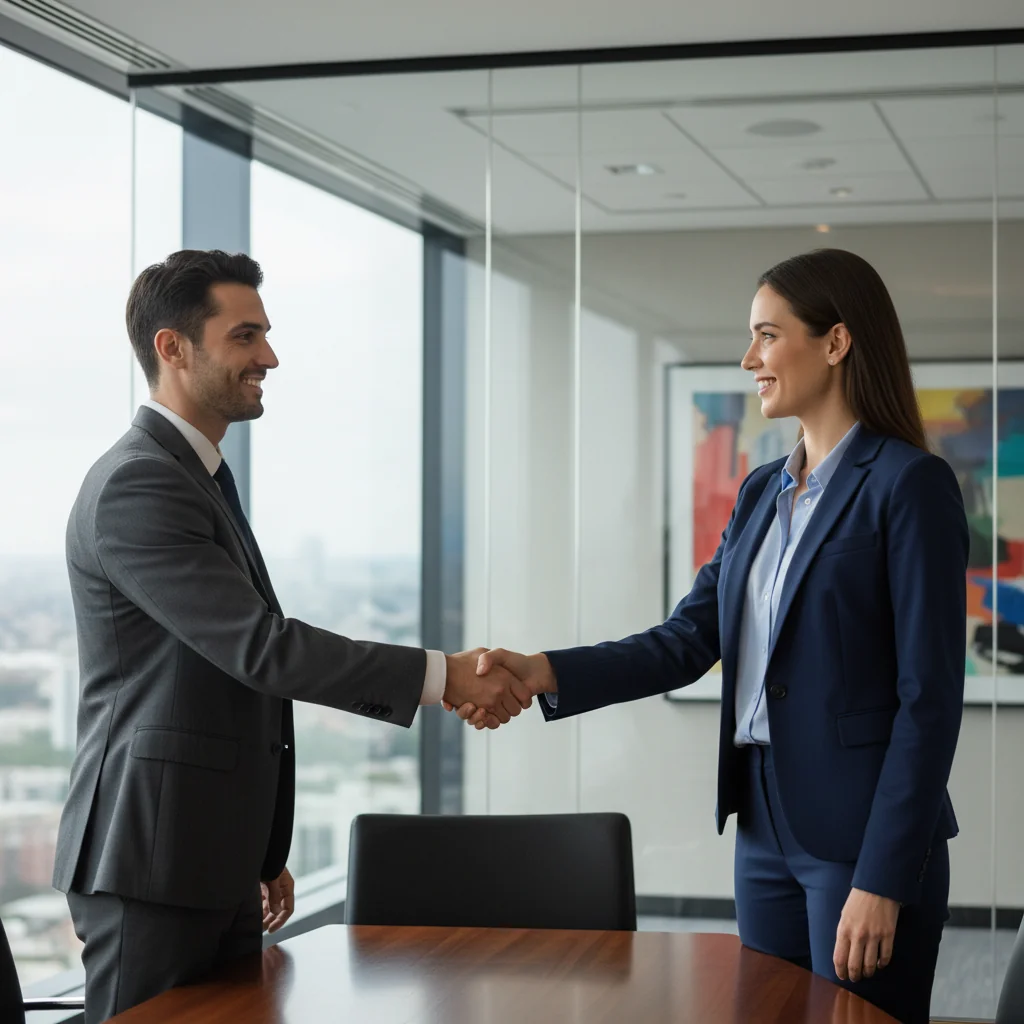 A professional scene depicting a business meeting where a service provider and client are shaking hands across a conference table, symbolizing the agreement and trust in a service contract, with modern office setting in the background.