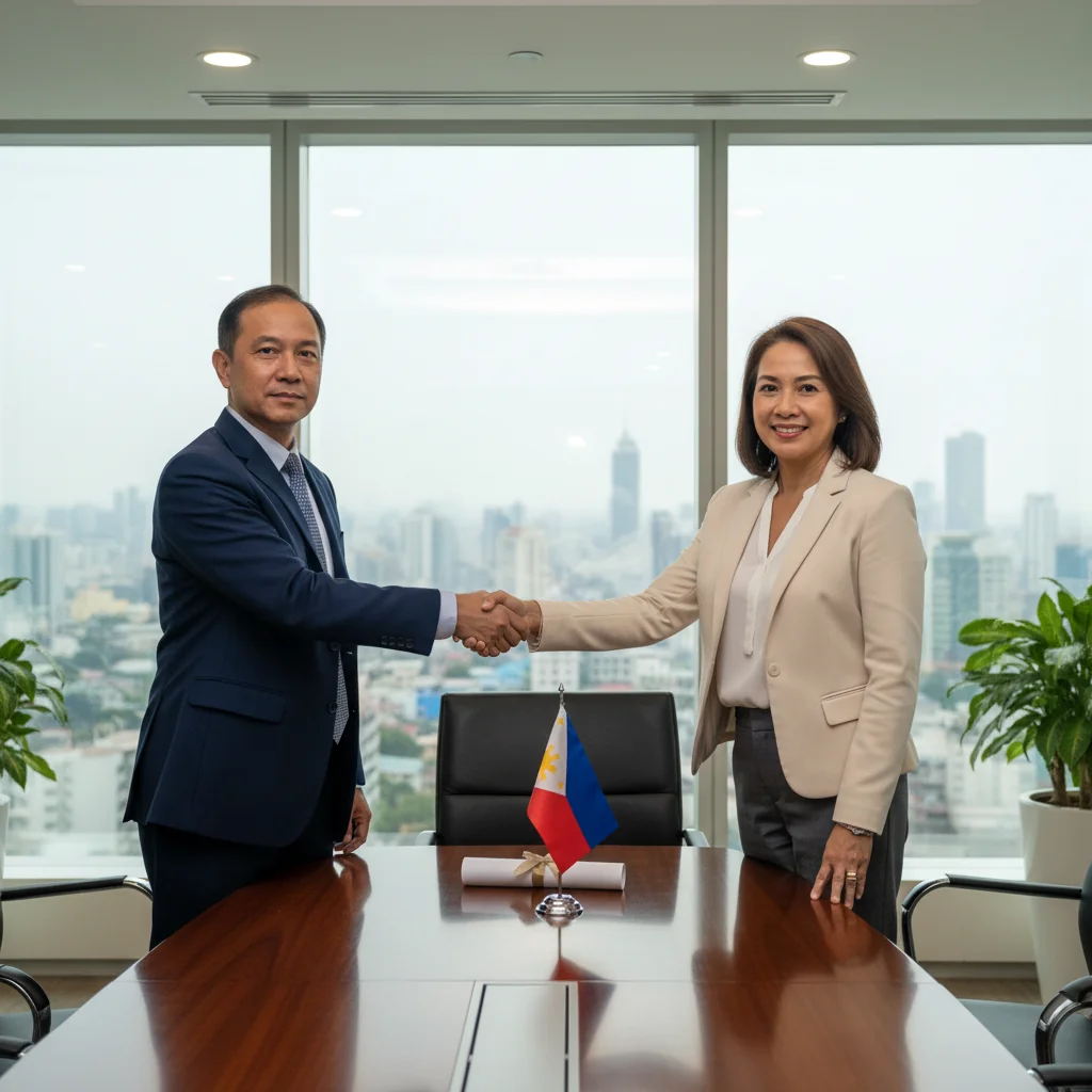 A photorealistic image of two professional adults, a businessman and a businesswoman, shaking hands across a conference table in a modern Philippine office setting, symbolizing the agreement and partnership in a service contract, with subtle Philippine flag elements in the background, no children present.