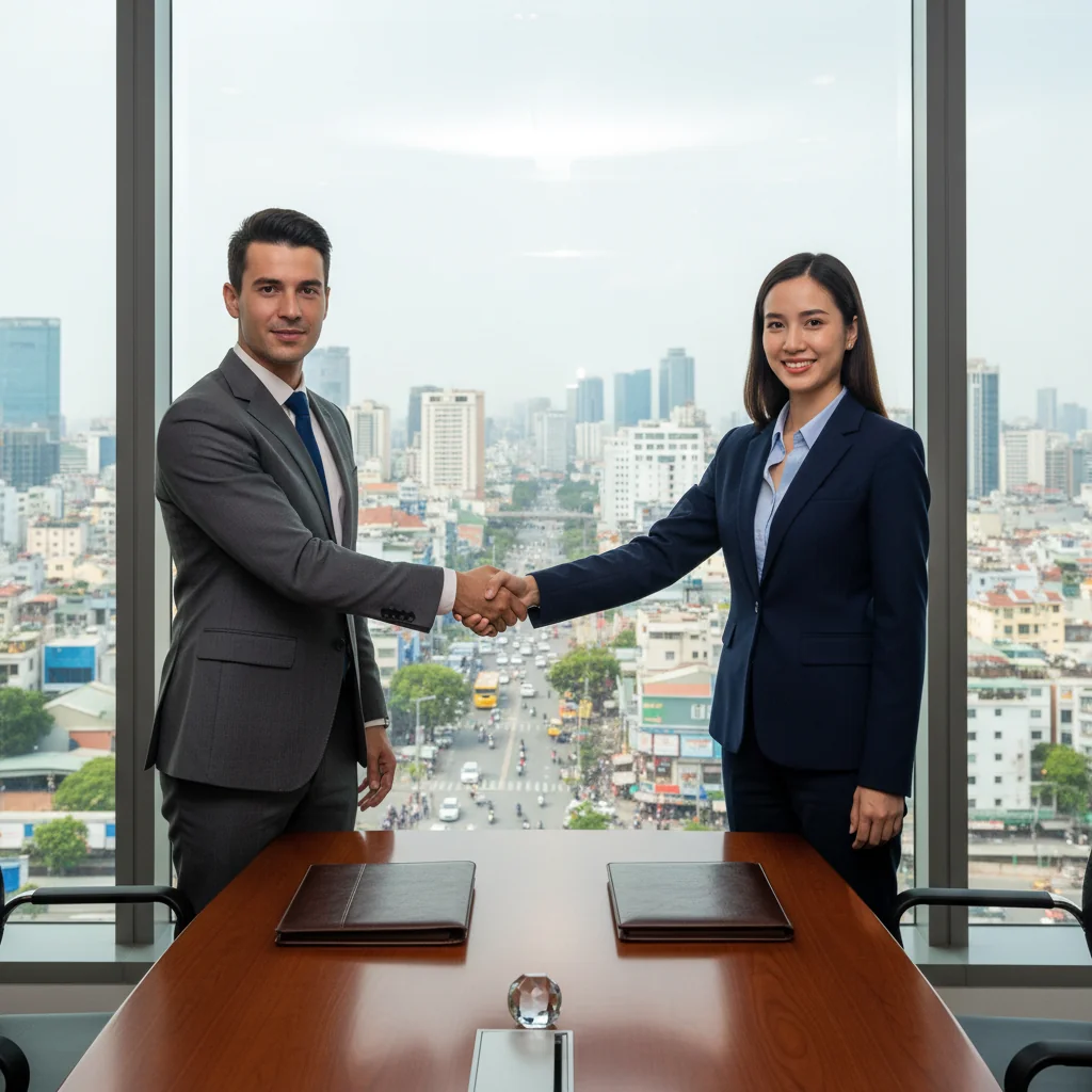 A photorealistic image of two professional adults, a man and a woman in business attire, shaking hands across a modern conference table in a bright office setting in Vietnam, symbolizing the agreement of a service contract. The background includes subtle Vietnamese elements like a city skyline with Hanoi or Ho Chi Minh City views through the window, emphasizing business services and legal compliance without showing any documents or text.