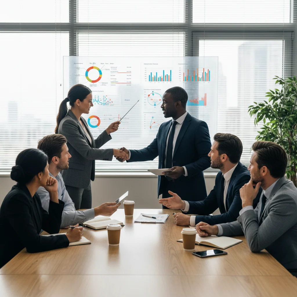 A photorealistic image of a professional business meeting where adults are discussing a service agreement, symbolizing the careful planning needed to avoid common mistakes in service contracts. The scene shows diverse adults in a modern office, shaking hands or reviewing notes, conveying trust and collaboration in business services.