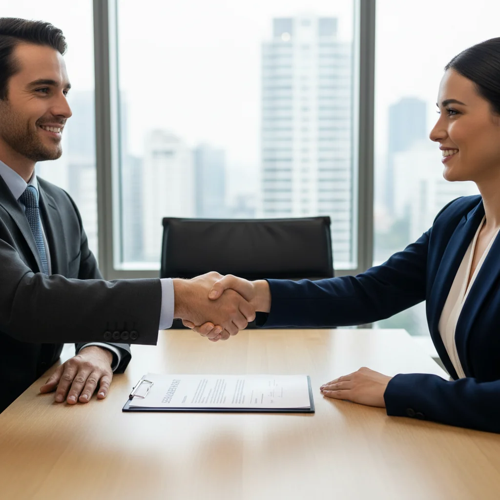 A professional business meeting between two adults shaking hands across a table in a modern office, symbolizing agreement and service contract formation, photorealistic style.
