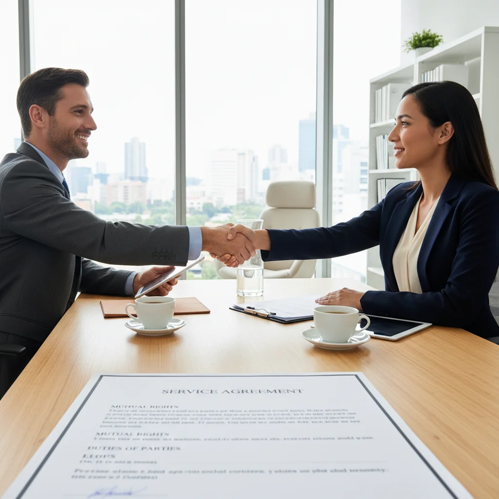 A photorealistic image depicting two professionals in a business meeting, shaking hands across a table with laptops and documents, symbolizing agreement on rights and obligations in a service contract, no children present.