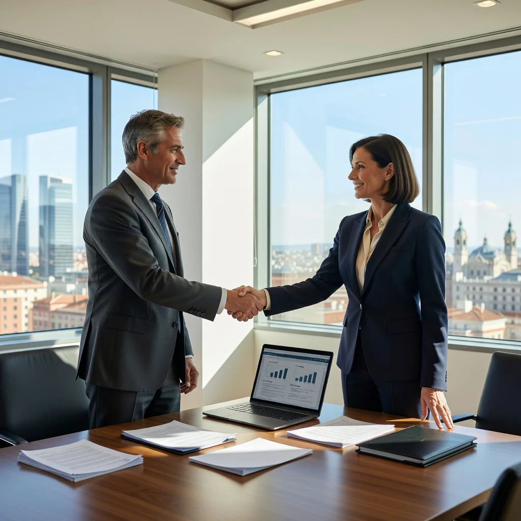 A photorealistic image of two professional adults in a modern Spanish office, shaking hands over a table with subtle service contract documents in the background, symbolizing a business service agreement. The scene conveys trust, partnership, and professionalism in the context of service contracts in Spain, with warm lighting and contemporary office elements like windows showing a cityscape.