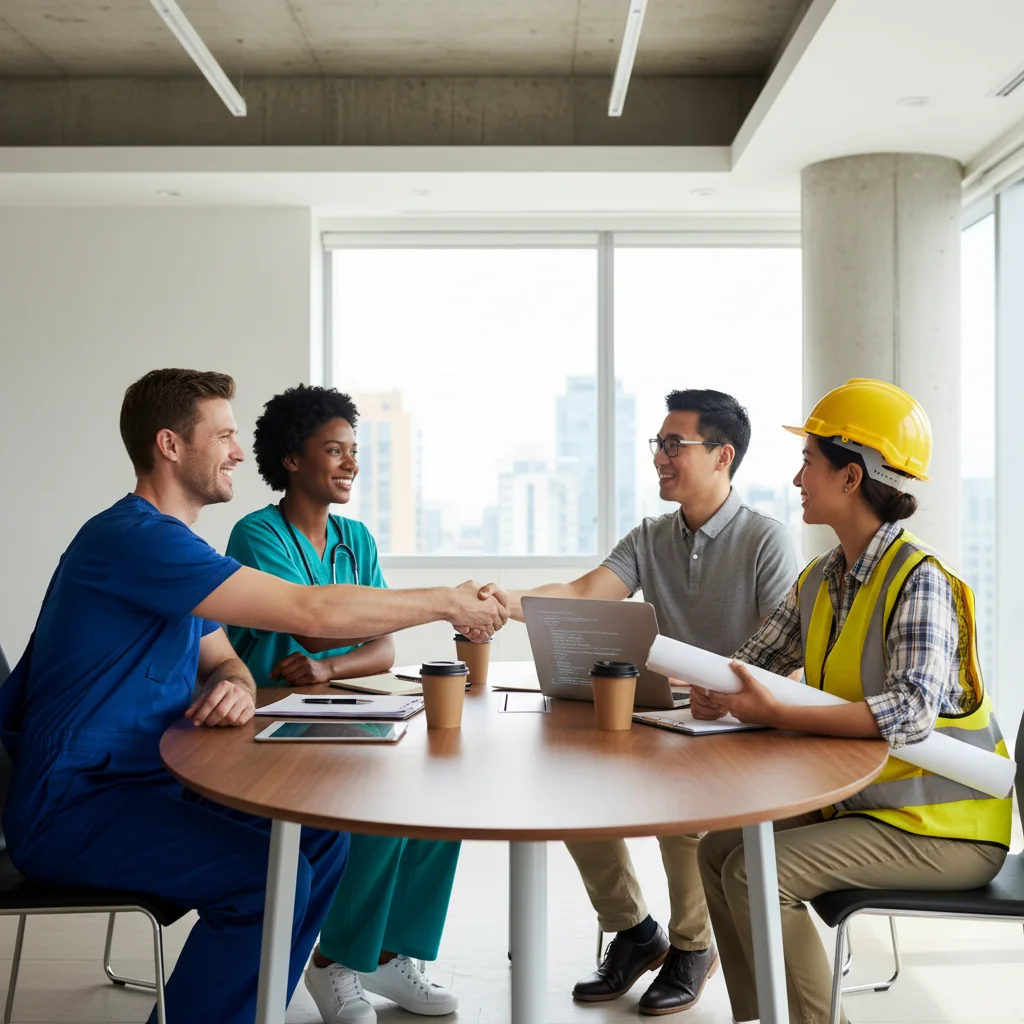 A photorealistic image of a diverse group of adult professionals from various industries in the USA, such as a mechanic, a healthcare worker, a tech developer, and a construction engineer, gathered around a conference table in a modern office, shaking hands and discussing business agreements with confident expressions, symbolizing customization of service agreements across sectors. No children are present in the image.