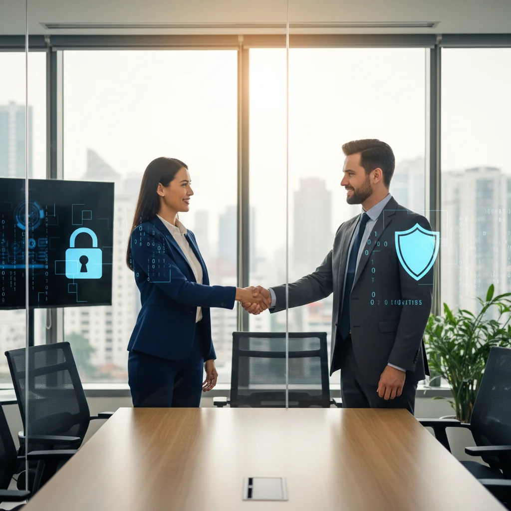 A professional business meeting in a modern office where adults are shaking hands over a table, symbolizing agreement and trust in service protocols, with a subtle background of digital security elements like locks and shields, conveying risk prevention and common issue resolution in service agreements.
