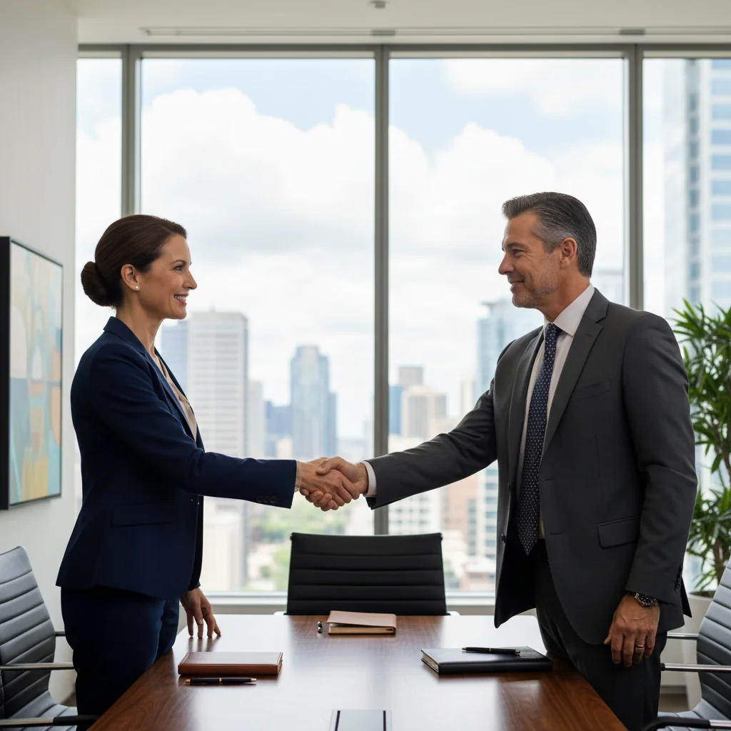 A photorealistic image of two professional adults shaking hands across a conference table in a modern office, symbolizing agreement and partnership in business services, with city skyline visible through large windows in the background, conveying trust and collaboration without any documents visible.