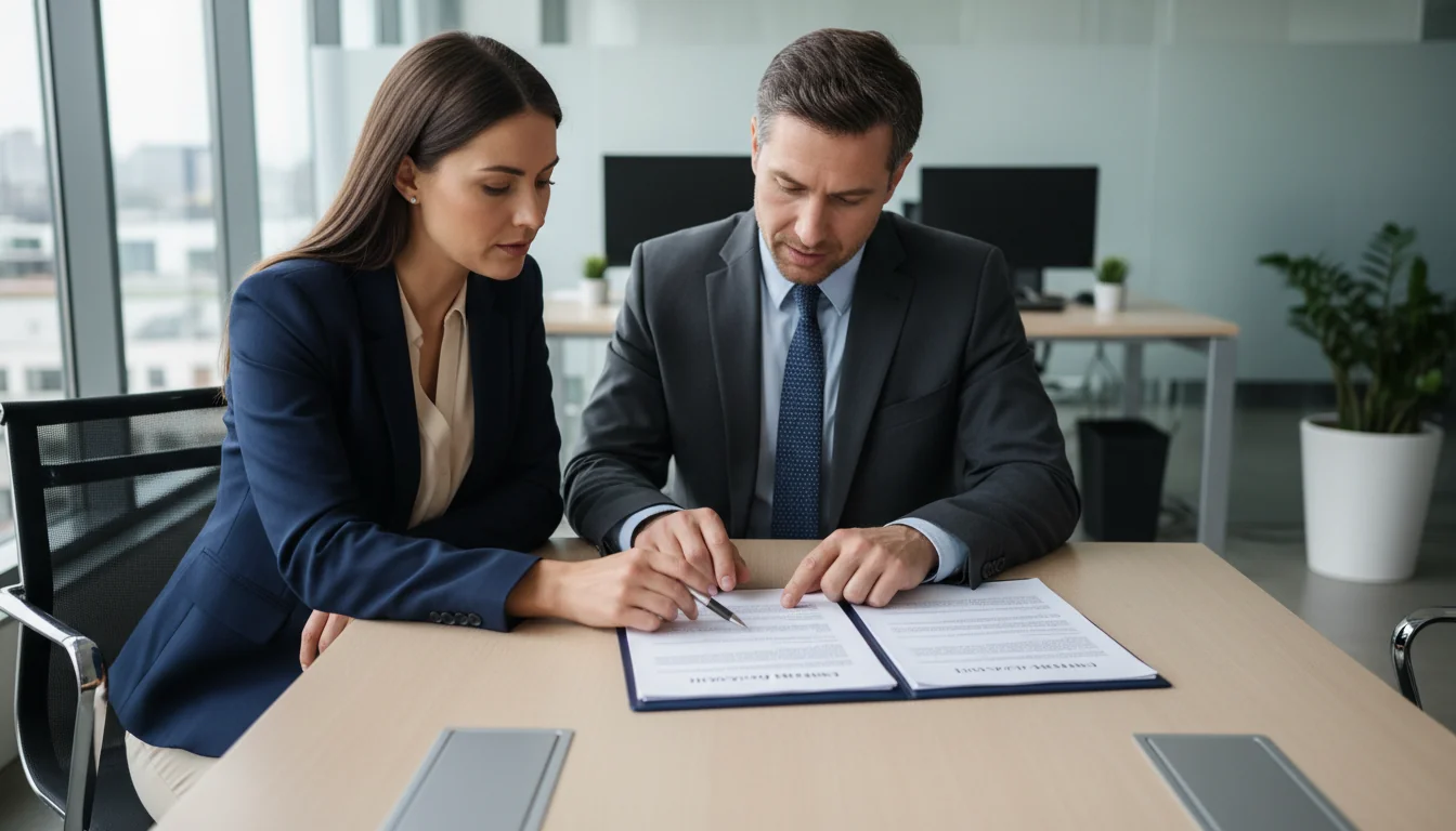 Business professionals reviewing contract