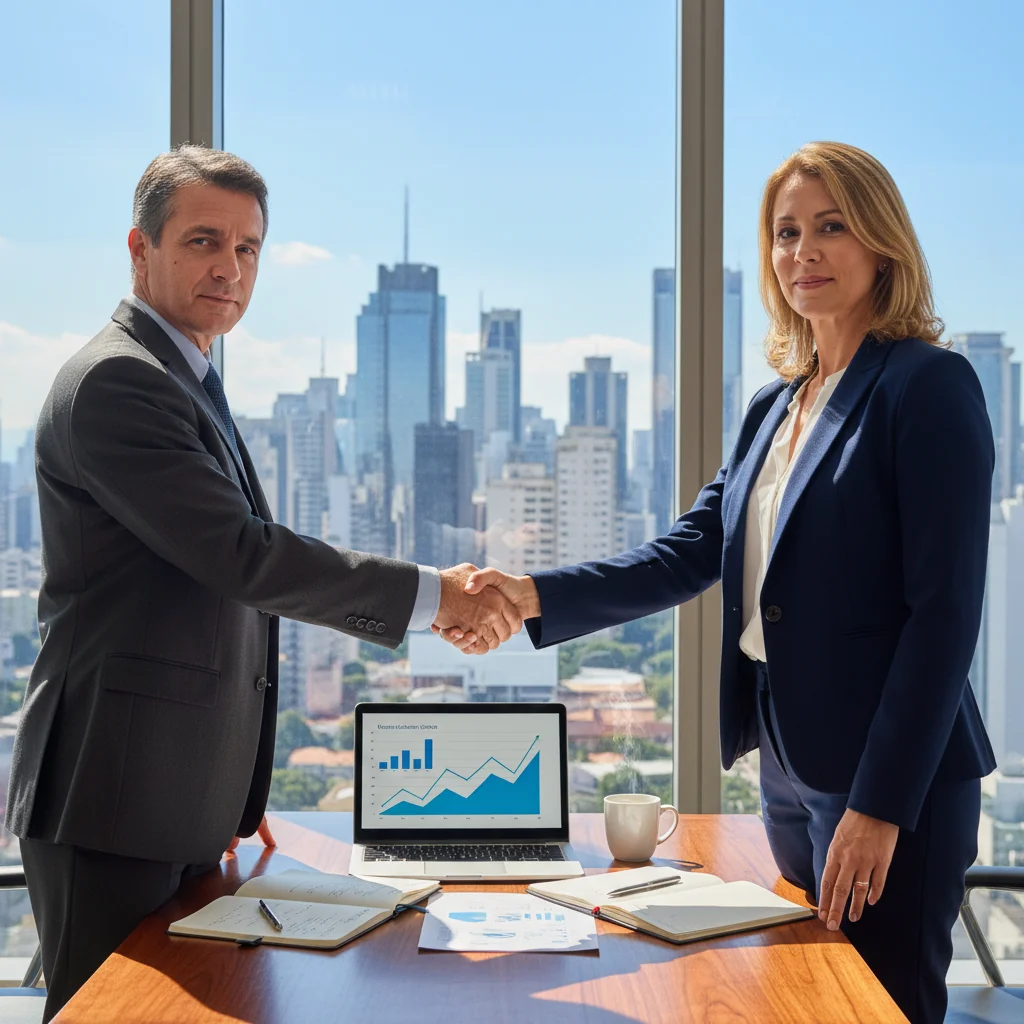 A photorealistic image depicting two professional adults in a modern Brazilian office setting, shaking hands over a desk to symbolize a service provision agreement, with elements like a laptop, coffee mug, and city skyline view in the background, conveying trust, collaboration, and business partnership. No children are present in the image.