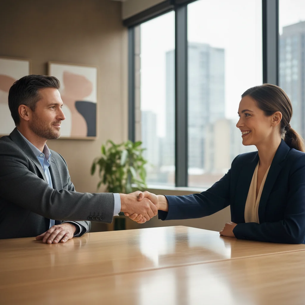 A photorealistic image depicting a professional business meeting between two adults, one representing a service provider and the other a client, shaking hands across a table in a modern office setting, symbolizing rights and obligations in a service contract. The atmosphere is positive and collaborative, with natural lighting and realistic details.