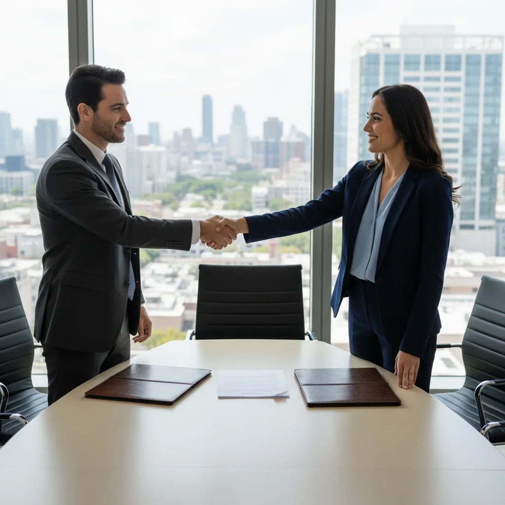 A professional business meeting between two adults shaking hands across a table in a modern office, symbolizing the agreement and trust established through a service agreement, with no legal documents visible.