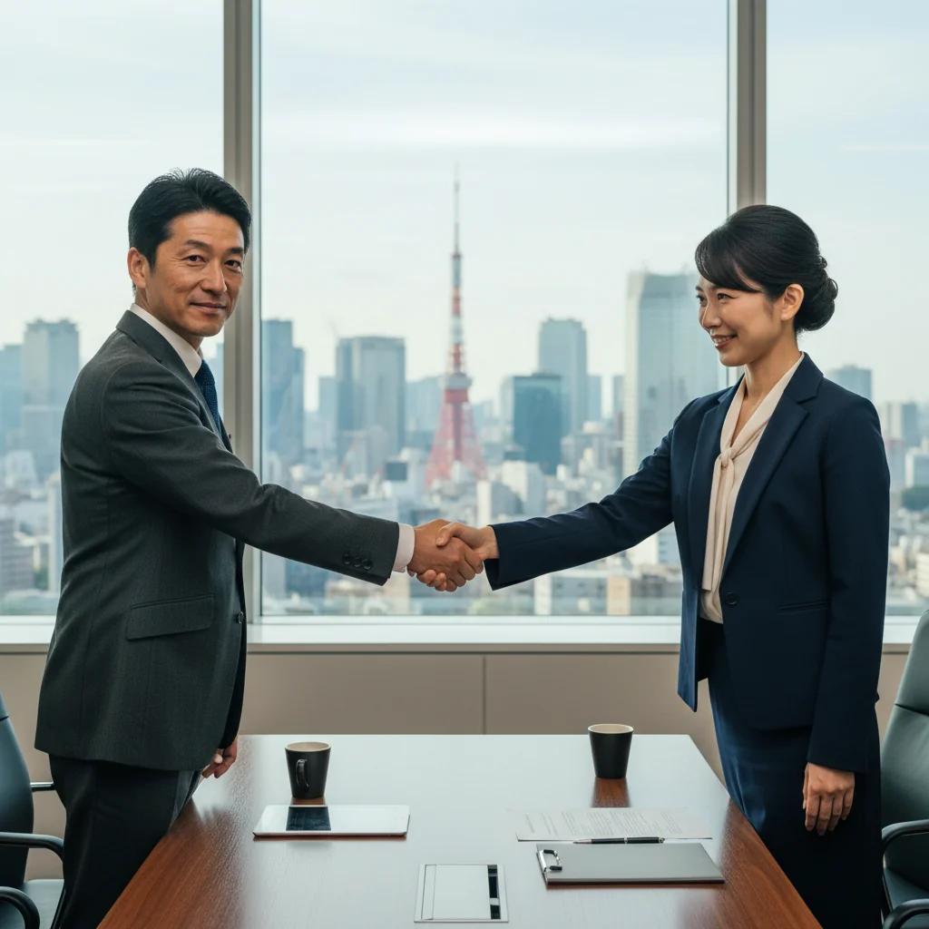 A professional business meeting in a modern Japanese office, with adults shaking hands over a service agreement, symbolizing trust and legal compliance in service contracts in Japan. The scene captures the essence of business partnerships without showing any documents.