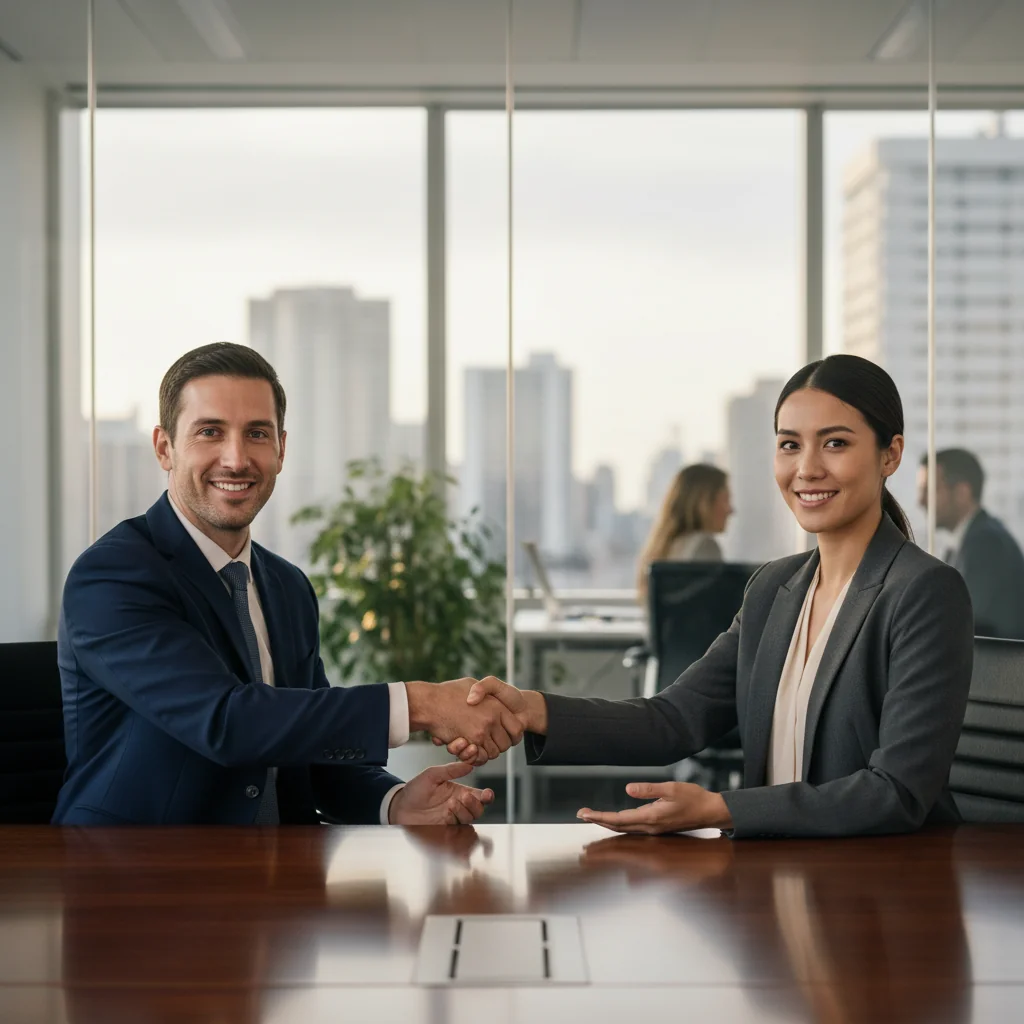 A photorealistic image depicting a professional business consultation between two adults in a modern office setting, symbolizing the agreement and provision of paid services without focusing on any documents.