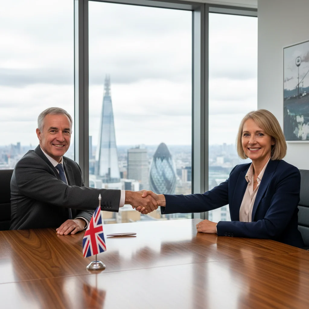 A photorealistic image of two professional adults in a modern UK office setting, shaking hands over a conference table to symbolize the agreement and trust in a service contract, with subtle British elements like a Union Jack flag in the background, conveying reliability and partnership without showing any legal documents.