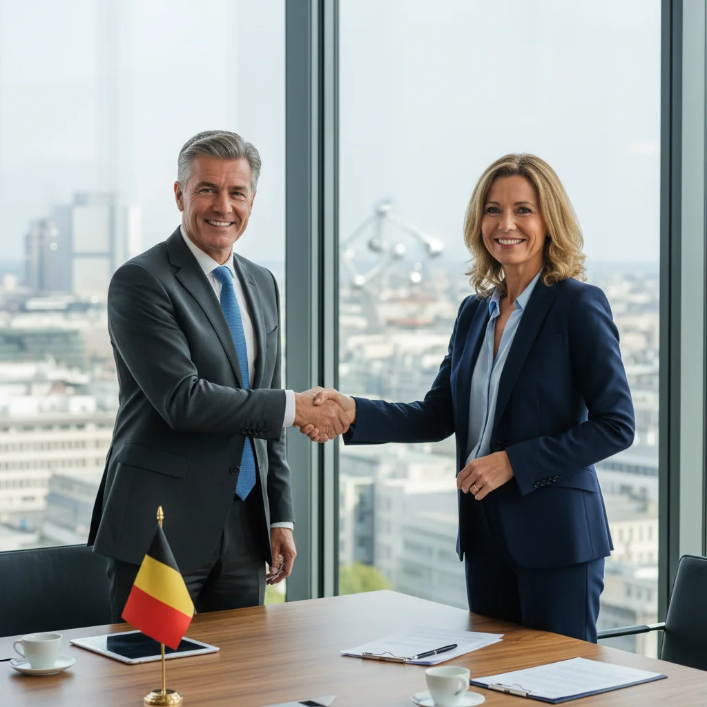 A photorealistic image of two professional adults in a modern Belgian office setting, shaking hands over a table with a subtle Belgian flag in the background, symbolizing the agreement and compliance of a service contract in Belgium. The focus is on the professional relationship and business partnership, conveying trust and formality.
