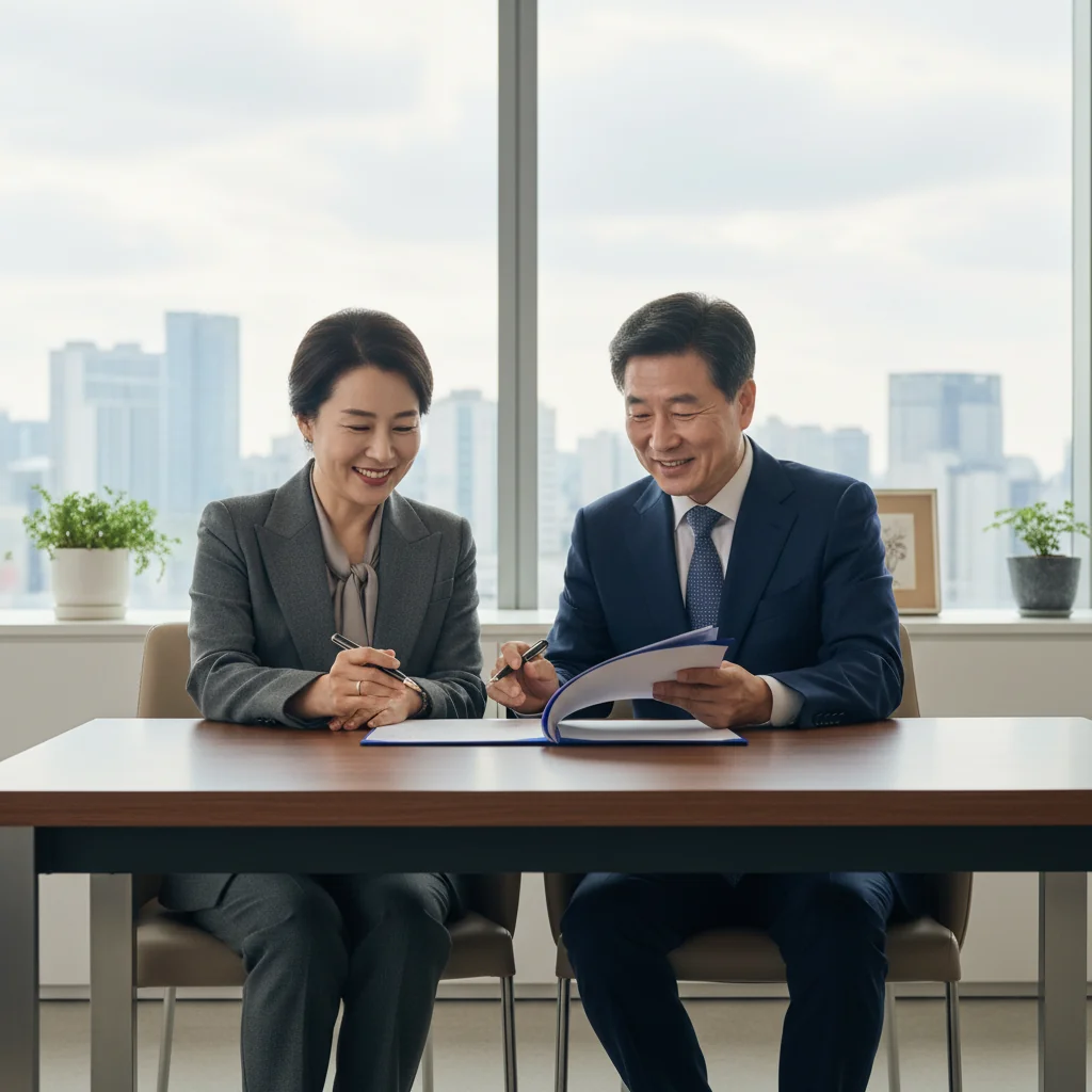 A photorealistic image of two professional adults in a modern Korean office setting, shaking hands over a service agreement table, symbolizing trust and compliance in business services, with subtle Korean cultural elements like a city skyline view, no children present.