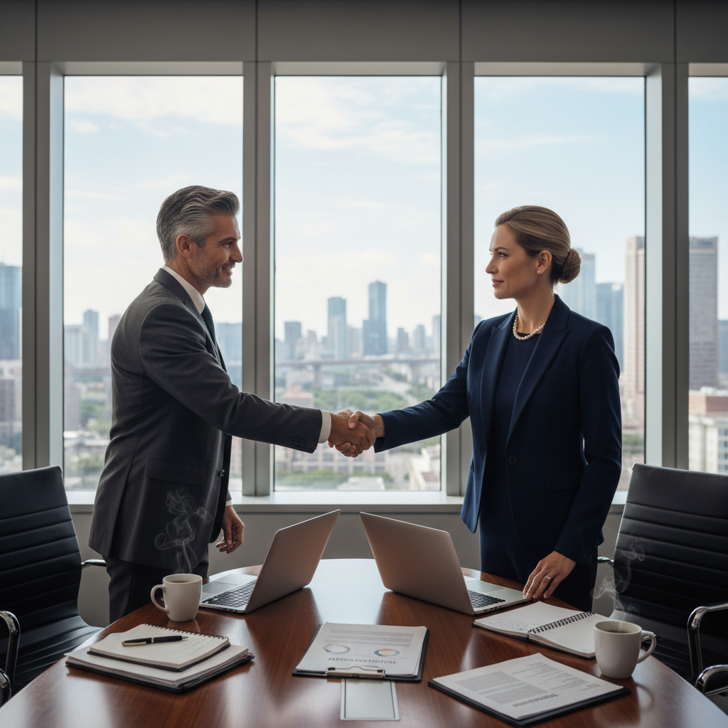 A photorealistic image of two professional adults in a modern office setting, shaking hands over a conference table to symbolize the agreement and partnership established by a service contract, with subtle business elements like laptops and coffee cups in the background, conveying trust and collaboration without showing any legal documents.